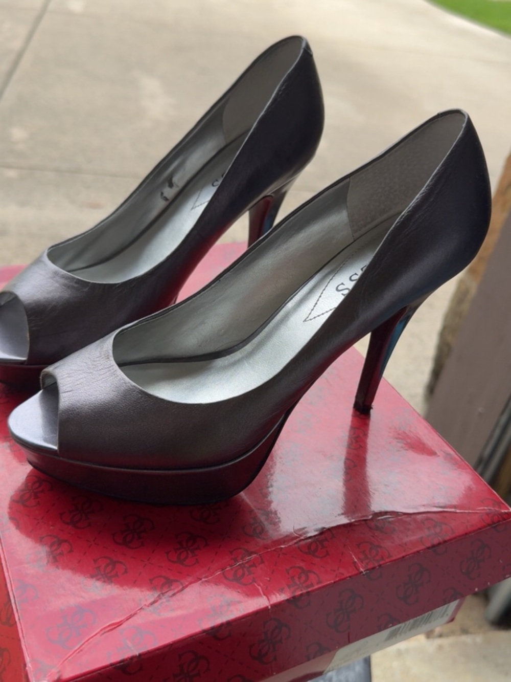 Guess Peep-Toe Platform High Heels - pewter leather